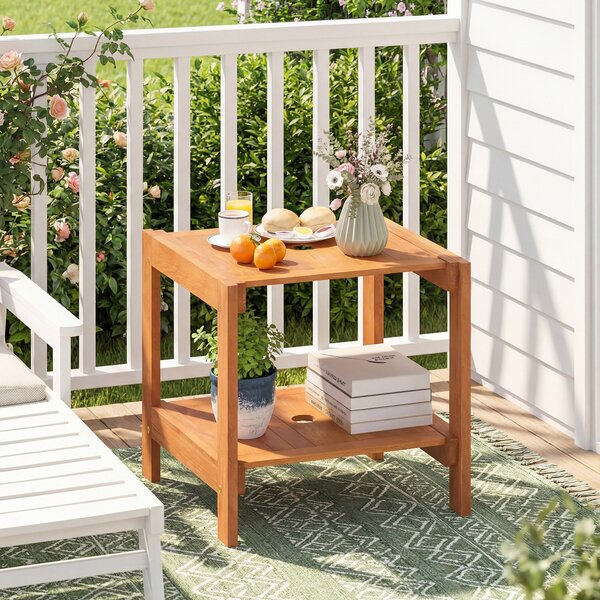 Costway Tavolino da esterno con foro per ombrellone in legno massello, Tavolo da balcone a 2 ripiani per giardino terrazzo cortile