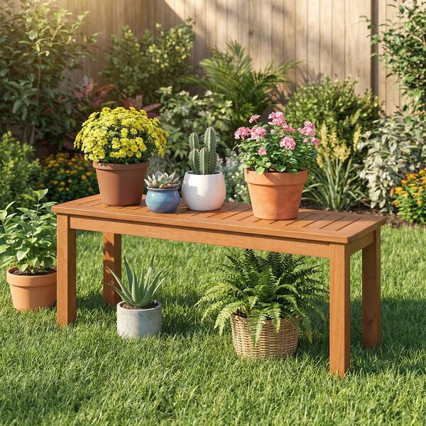 Costway Panchina da giardino a 2 posti in legno massello, Tavolino da caffè quadrato per balcone Naturale