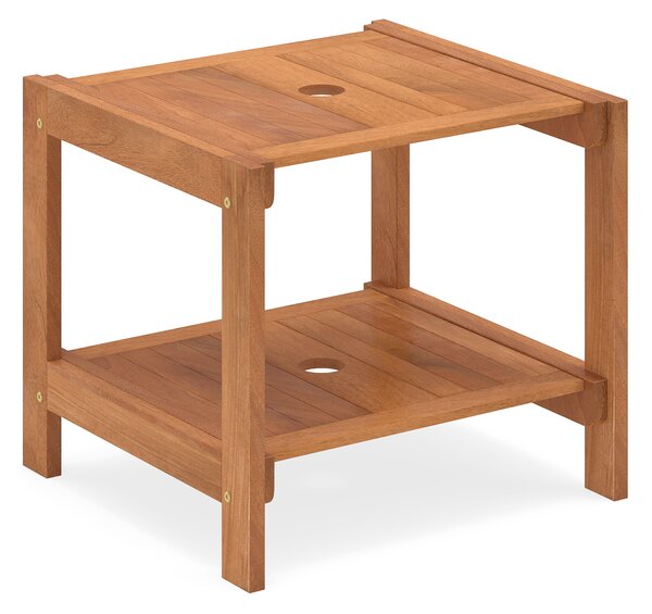 Costway Tavolino da esterno con foro per ombrellone in legno massello, Tavolo da balcone a 2 ripiani per giardino terrazzo cortile