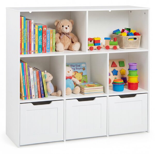 Costway Libreria montessoriana per bambini 5 scomparti aperti 3 cassetti mobili, Contenitore giochi per soggiorno camera bambini studio Bianco