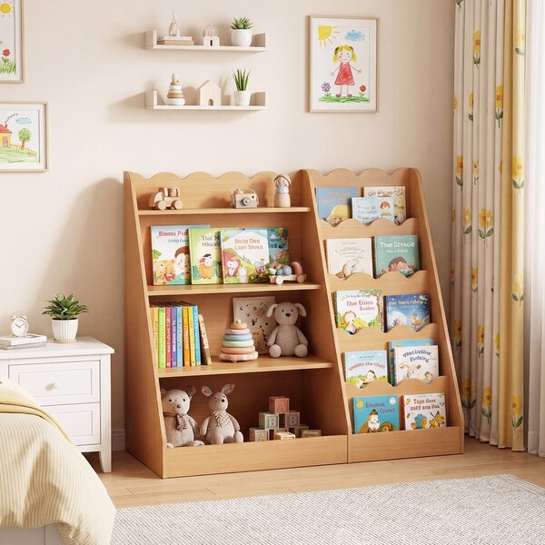 Costway Libreria montessoriana per bambini giocattoli per cameretta 90 x 40 x 80,5 cm, Scaffale porta libri antiribaltamento in legno Naturale