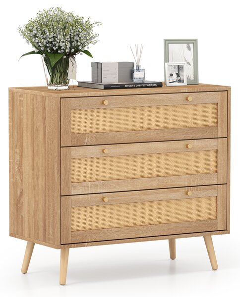 Costway Cassettiera in rattan a 3 cassetti stile boho gambe in legno di pino, Tavolino rustico per soggiorno camera da letto e ingresso Naturale