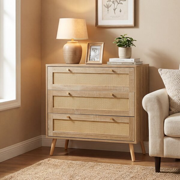 Costway Cassettiera in rattan a 3 cassetti stile boho gambe in legno di pino, Tavolino rustico per soggiorno camera da letto e ingresso Naturale
