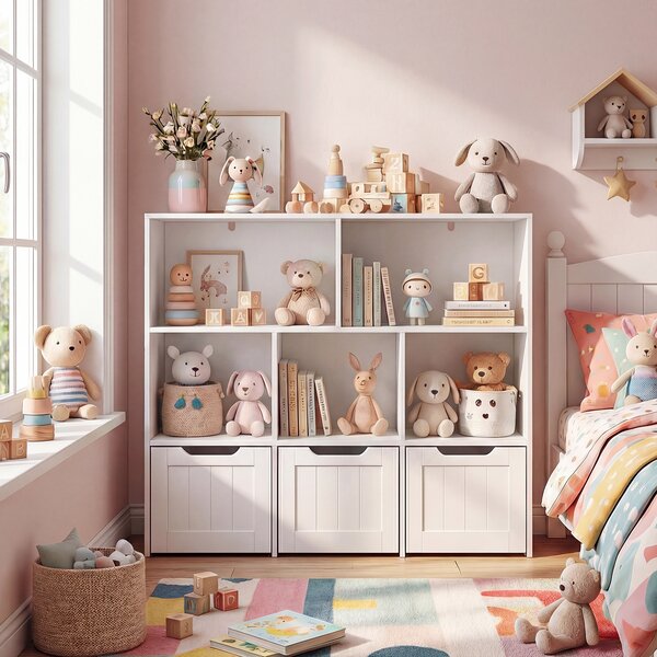 Costway Libreria montessoriana per bambini 5 scomparti aperti 3 cassetti mobili, Contenitore giochi per soggiorno camera bambini studio Bianco