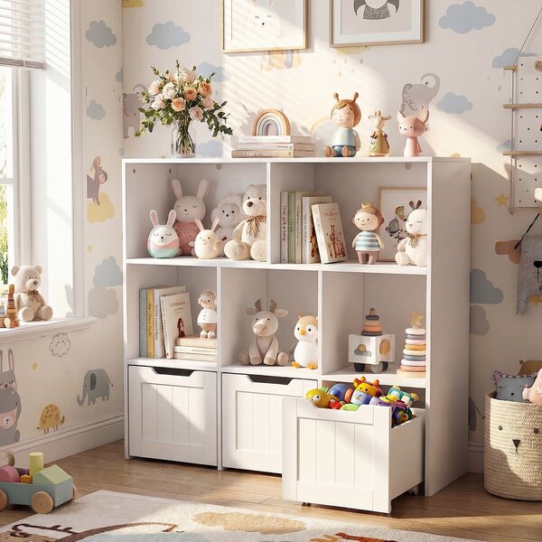 Costway Libreria montessoriana per bambini 5 scomparti aperti 3 cassetti mobili, Contenitore giochi per soggiorno camera bambini studio Bianco