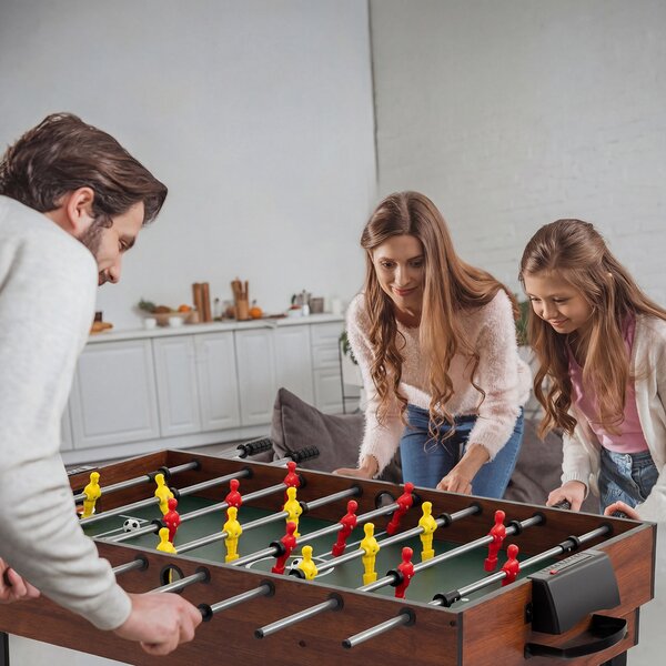 Costway Tavolo da gioco multiuso 4-in-1 con biliardo hockey e ping pong, Tavolo da calcio balilla da 125cm per casa feste bar Marrone