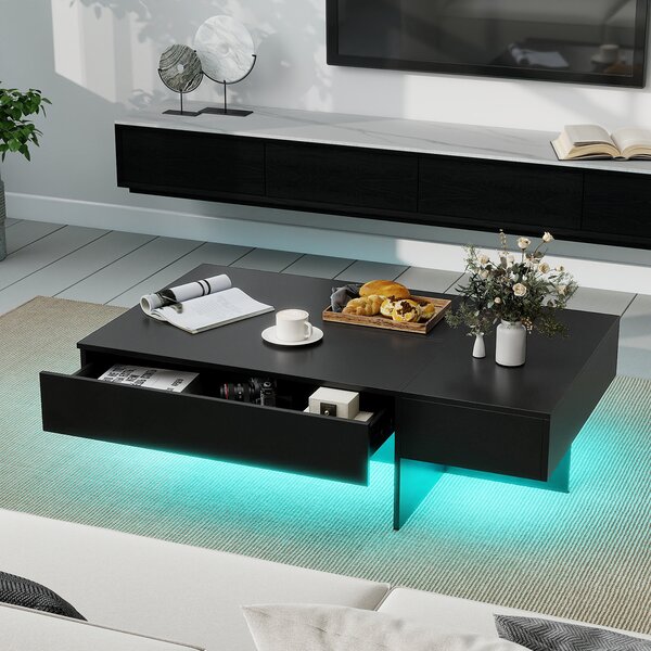 Costway Tavolino da caffè moderno con striscia led con 3 cassetti per soggiorno, Tavolino laccato lucido 120 x 70 x 35 cm finto marmo Nero