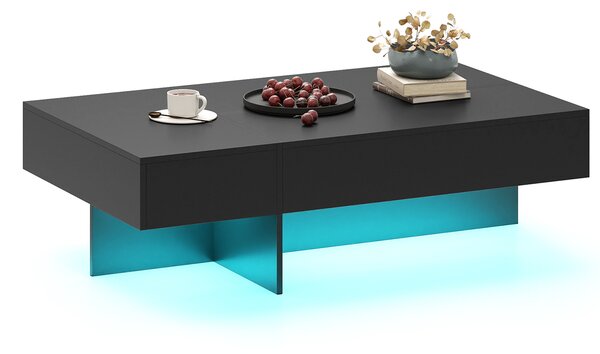 Costway Tavolino da caffè moderno con striscia led con 3 cassetti per soggiorno, Tavolino laccato lucido 120 x 70 x 35 cm finto marmo Nero