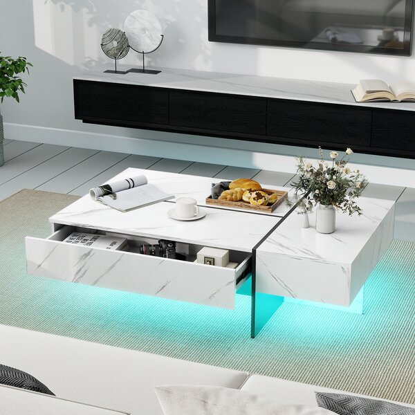 Costway Tavolino da caffè moderno con striscia led con 3 cassetti per soggiorno, Tavolino laccato lucido 120 x 70 x 35 cm finto marmo Bianco
