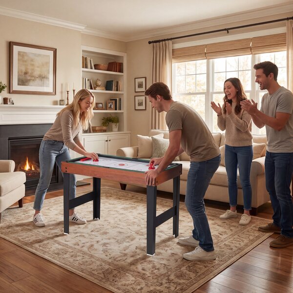 Costway Tavolo da gioco multiuso 4-in-1 con biliardo hockey e ping pong, Tavolo da calcio balilla da 125cm per casa feste bar Marrone
