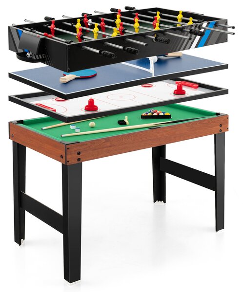 Costway Tavolo da gioco multiuso 4-in-1 con biliardo hockey e ping pong, Tavolo da calcio balilla da 125cm per casa feste bar Marrone