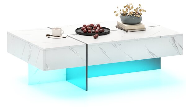 Costway Tavolino da caffè moderno con striscia led con 3 cassetti per soggiorno, Tavolino laccato lucido 120 x 70 x 35 cm finto marmo Bianco
