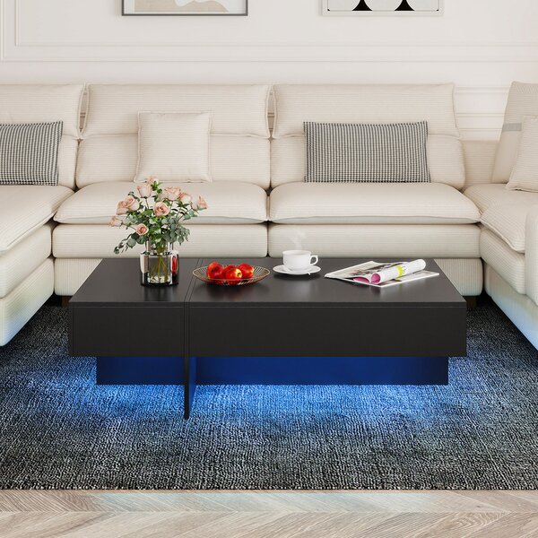Costway Tavolino da caffè moderno con striscia led con 3 cassetti per soggiorno, Tavolino laccato lucido 120 x 70 x 35 cm finto marmo Nero