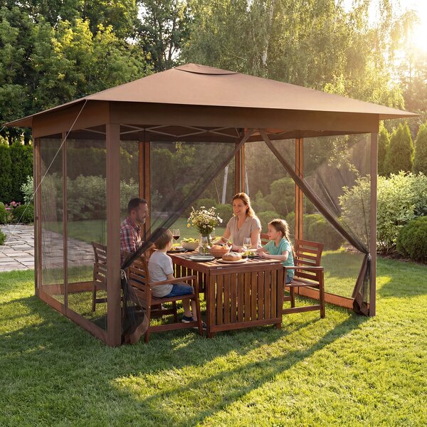 Costway Gazebo pieghevole 3 x 3 m con telo in oxford e 4 lati in rete, Gazebo da giardino perfetto per campeggio e feste all’aperto Marrone