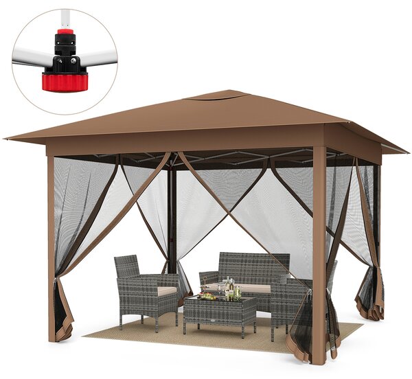 Costway Gazebo pieghevole 3 x 3 m con telo in oxford e 4 lati in rete, Gazebo da giardino perfetto per campeggio e feste all’aperto Marrone