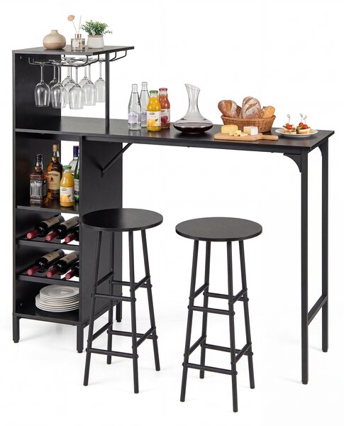 Costway Set di tavolo sedie da bar con porta calici 6 portabottiglie da vino, Tavolo sgabelli da pub industriale Nero
