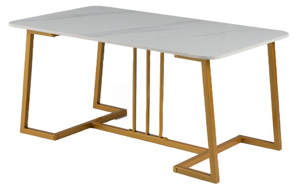 Costway Tavolino da caffè con ampio piano in effetto di marmo e gambe in metallo dorato, Tavolino da salotto rettangolare design moderno