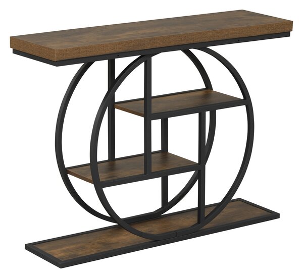 Costway Tavolo consolle ingresso a 4 ripiani con anello decorativo, Tavolino console in legno e metallo Marrone