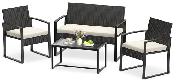 Costway Set mobili da giardino a 4 pezzi con piano in vetro temperato, Set da conversazione in rattan con 1 divano 2 posti Beige