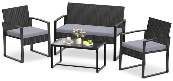 Costway Set mobili da giardino a 4 pezzi con piano in vetro temperato, Set da conversazione in rattan con 1 divano 2 posti Grigio