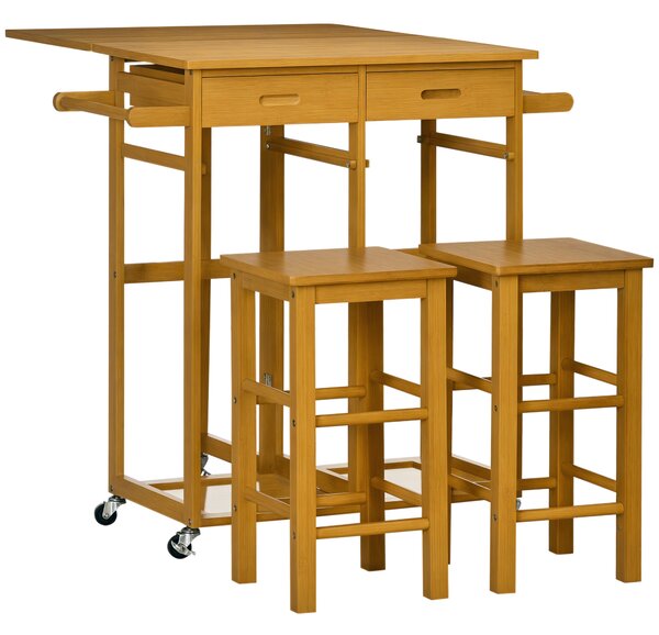 HOMCOM Carrello da Cucina con Tavolino Pieghevole e 2 Sgabelli, Ruote e Cassetti in Legno di Bambù | Aosom Italy