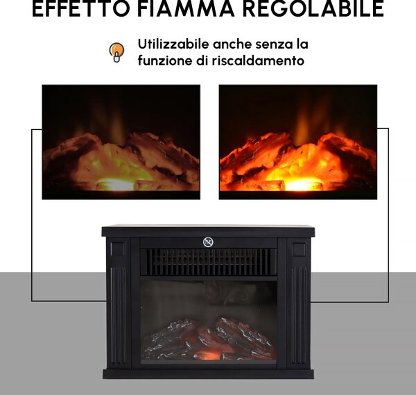 HOMCOM Camino Elettrico da Tavolo con Effetto Fiamma, Caminetto con Potenza Regolabile 600/1200W, Copertura 10-15m², Nero|Aosom