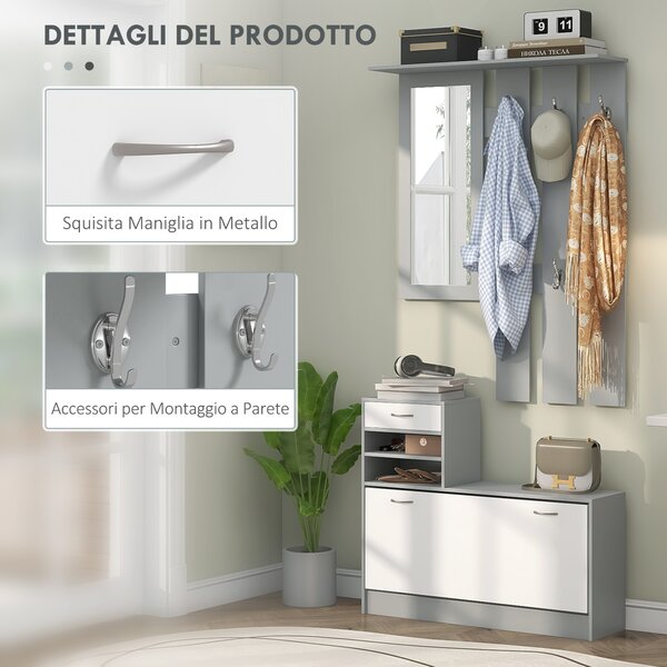 HOMCOM Mobile Appendiabiti 3 in 1 con Scarpiera e Specchio, Ganci e Cassetti, in Legno, 90x10x102 cm, Bianco e Grigio