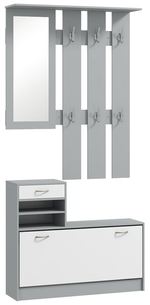 HOMCOM Mobile Appendiabiti 3 in 1 con Scarpiera e Specchio, Ganci e Cassetti, in Legno, 90x10x102 cm, Bianco e Grigio