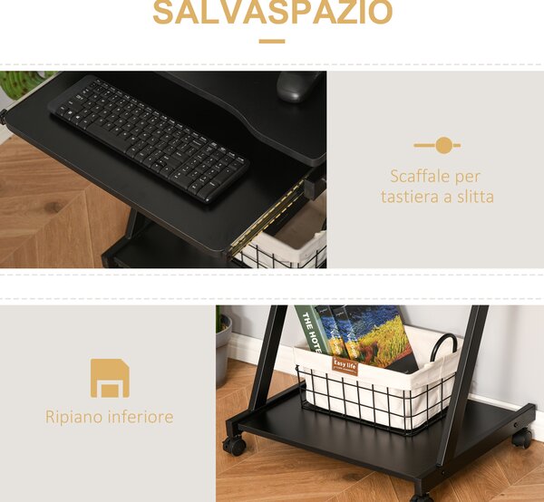 HOMCOM Tavolo Porta PC Classico e Salvaspazio, Piano Tastiera a Scomparsa, Scrivania Porta PC con 4 Ruote e Ripiano Inferiore Nero 60x48x73cm