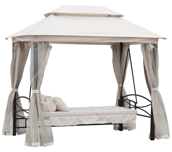 Outsunny Dondolo 3 Posti e Lettino Singolo Copertura a Gazebo con Zanzariera e Cuscini 256x172x248cm Crema|Aosom
