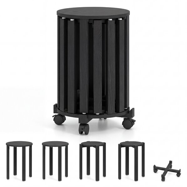 Costway Set di 4 sgabelli in legno impilabili 4 in 1, Sgabelli con portavaso con rotelle per soggiorno camera da letto Nero