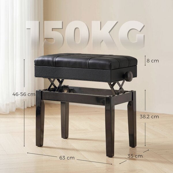 HOMCOM Sgabello per Pianoforte con Altezza Regolabile e Contenitore in Legno e Finta Pelle, 63x35x46-56cm, Nero