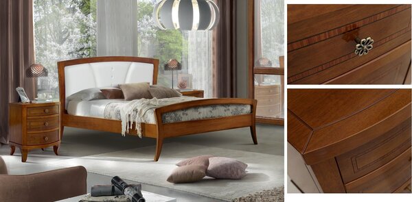 Letto classico legno sagomato tinta noce testata ecopelle 184x210x120