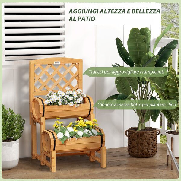Outsunny Fioriera da Esterno a Mezza Botte in Legno d'Abete con Design Verticale Rialzato, 45x45x80 cm|Aosom