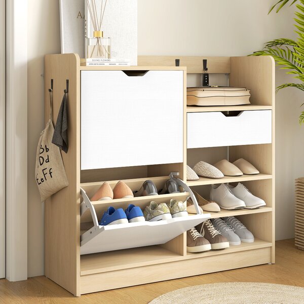 HOMCOM Scarpiera Ingresso con Cassetto Ripiani Aperti 4 Ganci per 14 Paia di Scarpe Naturale e Bianco | Aosom Italy