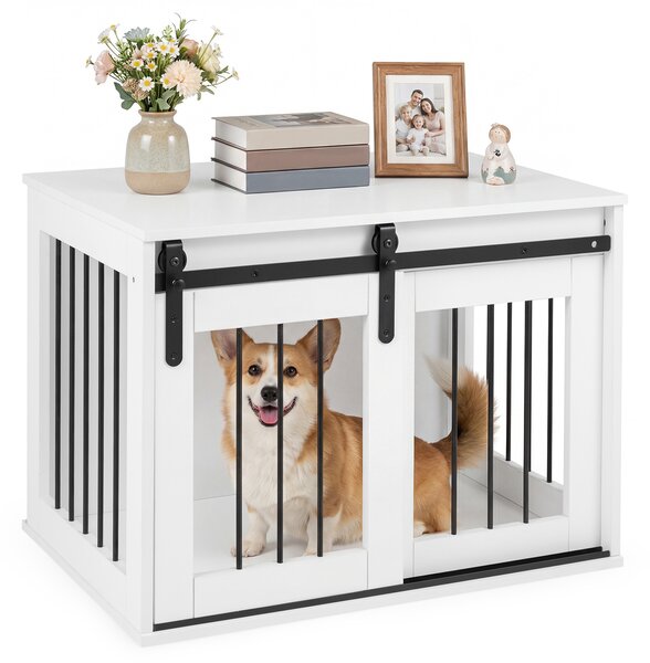 Costway Gabbia per cani con porta scorrevole e struttura in metallo, Gabbia per animali da interno con ampio piano superiore Bianco