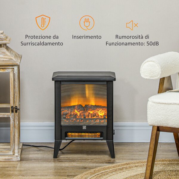 HOMCOM Camino Elettrico 1800W con Effetto Fiamma a 3 Intensità e Telecomando, in Metallo e Vetro, 36x21x47 cm, Nero | Aosom Italy