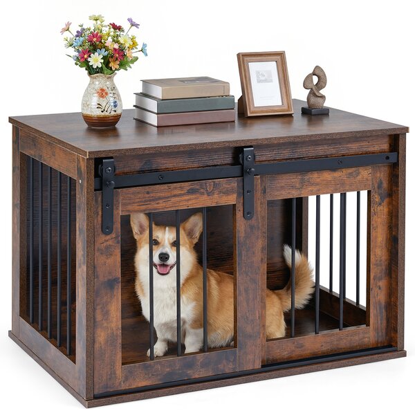 Costway Gabbia per cani con porta scorrevole e struttura in metallo, Gabbia per animali da interno con ampio piano superiore Marrone