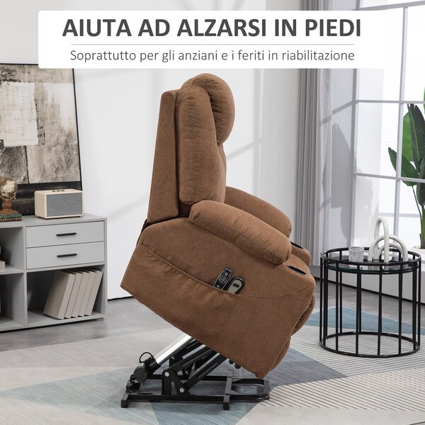 HOMCOM Poltrona Alzapersona Massaggiante a 8 Punti con Telecomando, in Tessuto Effetto Lino, 90x101x107 cm, Caffè|Aosom