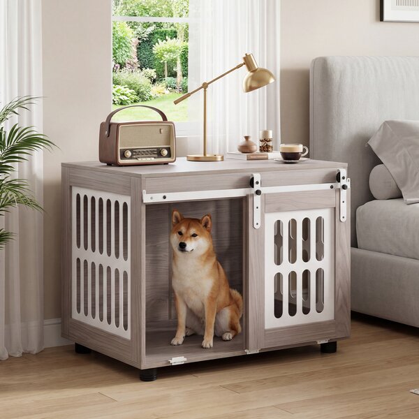 Costway Gabbia per cani da interno finestre laterali metalliche, Cassa per cane in legno con porta scorrevole liscia