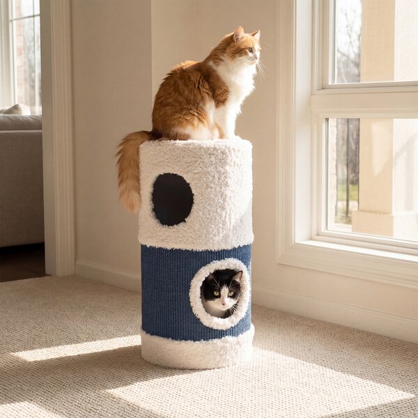 Costway Casa per gatti da interno con grotta nascosta e letto coperto, Condo gattini a 2 piani con tappetino in sisal per graffiare