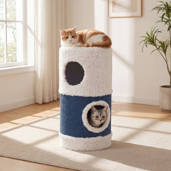 Costway Casa per gatti da interno con grotta nascosta e letto coperto, Condo gattini a 2 piani con tappetino in sisal per graffiare
