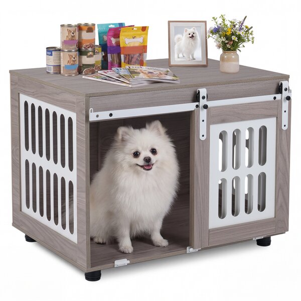 Costway Gabbia per cani da interno finestre laterali metalliche, Cassa per cane in legno con porta scorrevole liscia