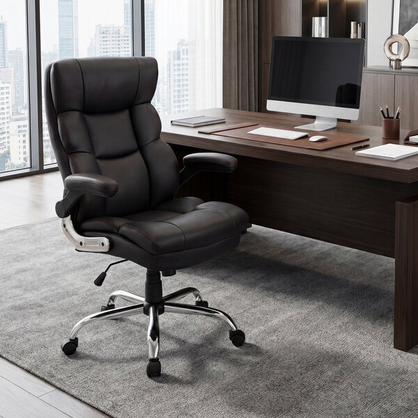 Costway Sedia da ufficio in pelle sintetica funzione d’oscillazione e braccioli ribaltabili, Sedia ergonomica per scrivania con altezza regolabile Nero