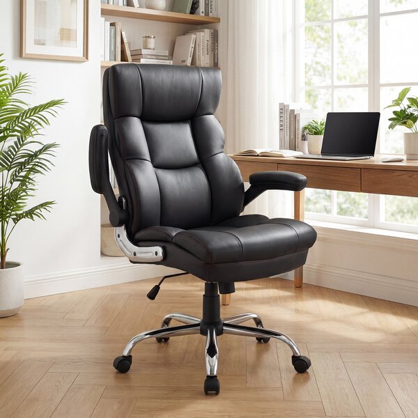 Costway Sedia da ufficio in pelle sintetica funzione d’oscillazione e braccioli ribaltabili, Sedia ergonomica per scrivania con altezza regolabile Nero