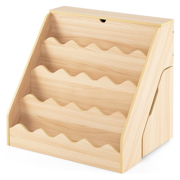Costway Libreria per bambini 2 in 1 con coperchio ribaltabile, Scaffale per libri a 4 livelli con carrello su ruote Legno naturale