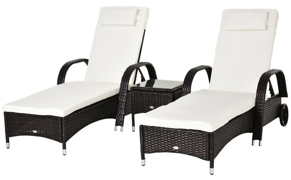 Outsunny Set Relax Sedie Tavolino in Rattan 3pz 2 Lettini a Sdraio Reclinabili Imbottiti con Rotelle e Tavolino, Marrone|Aosom