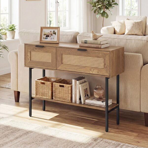 Costway Consolle ingresso a 2 ripiani con 2 scomparti finitura in rattan PE, Console moderna salvasapzio per corridoio soggiorno Legno naturale