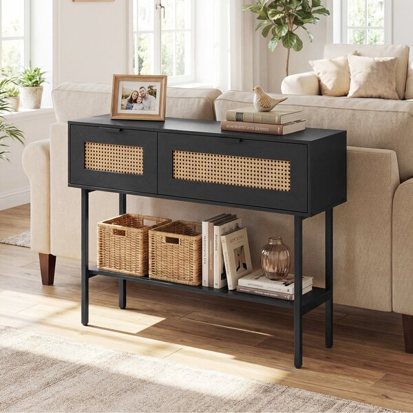 Costway Consolle ingresso a 2 ripiani con 2 scomparti finitura in rattan PE, Console moderna salvasapzio per corridoio soggiorno Nero
