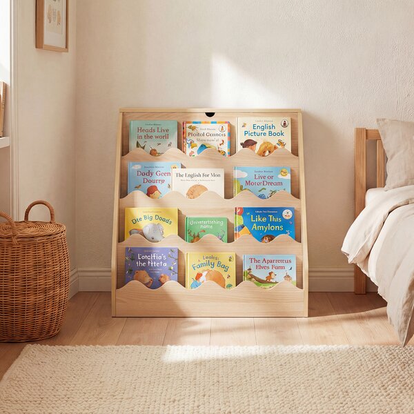 Costway Libreria per bambini 2 in 1 con coperchio ribaltabile, Scaffale per libri a 4 livelli con carrello su ruote Legno naturale